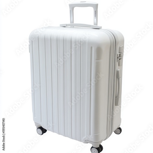 A detailed view of a white suitcase featuring wheels, set against a clean, white background, emphasizing its sleek design and functionality. photo