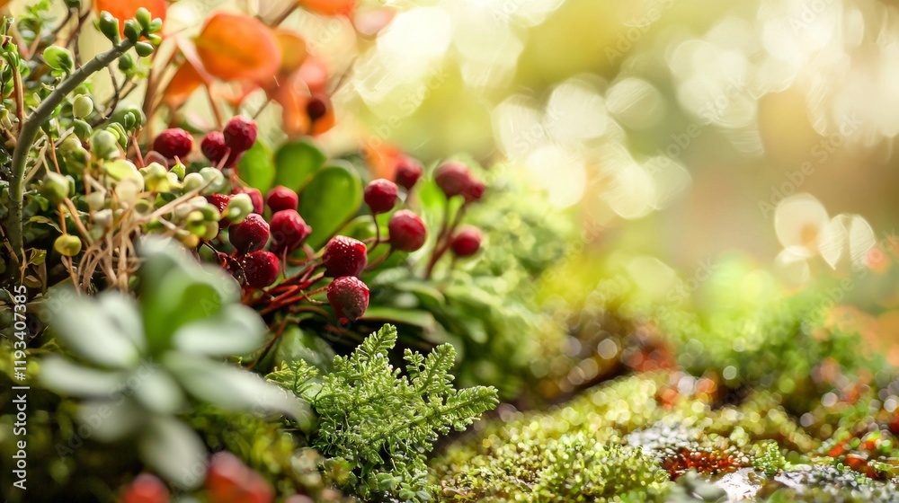 Lush greenery with vibrant berries in sunlight Lush greenery with vibrant berries in sunlight