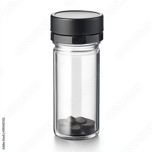 A glass jar featuring a sleek black lid, showcasing a minimalist design suitable for various storage purposes. photo