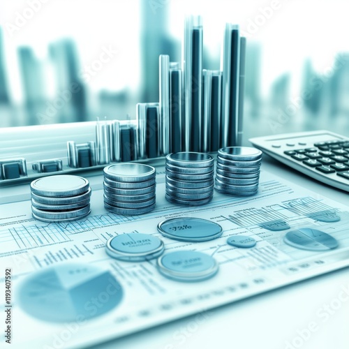 A detailed close-up showcasing a calculator, a pen, and neatly arranged stacks of coins, emphasizing financial calculations and planning. photo