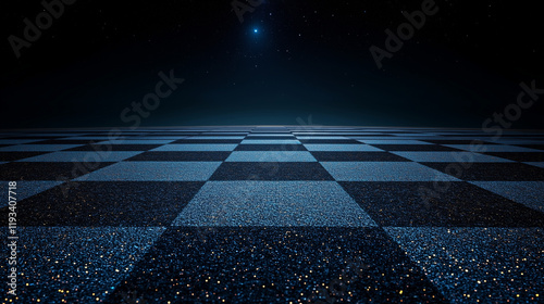 Futuristic glittering black and blue checkerboard floor with a glowing horizon, perfect for technology, gaming, and sci-fi themed backgrounds