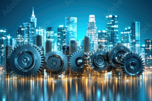 Wallpaper Mural A complex arrangement of gears set against a vibrant city skyline under a clear blue sky, symbolizing industry and urban development. Torontodigital.ca