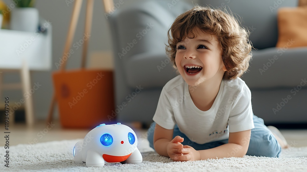 Child joyfully playing with a robotic toy in a cozy living room, soft lighting enhances the scene Child joyfully playing with a robotic toy in a cozy living room, soft lighting enhances the scene