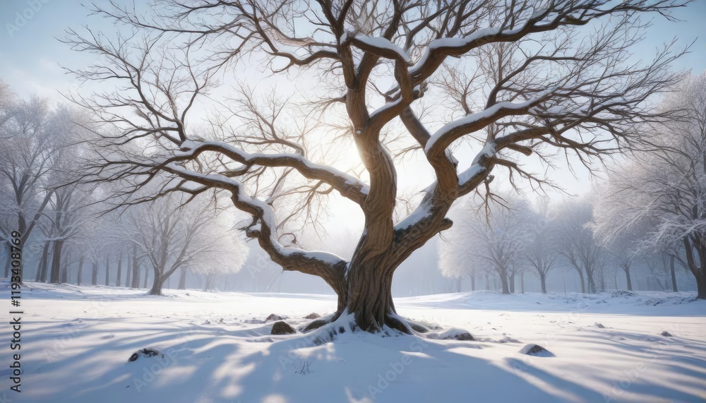 a tree in the snow with branches stretching out to the sides, evergreen trees, snowy environment, frost covered trees a tree in the snow with branches stretching out to the sides, evergreen trees, snowy environment, frost covered trees