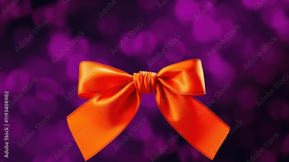 A vibrant orange satin ribbon tied in a classic bow against a rich purple bokeh background A vibrant orange satin ribbon tied in a classic bow against a rich purple bokeh background