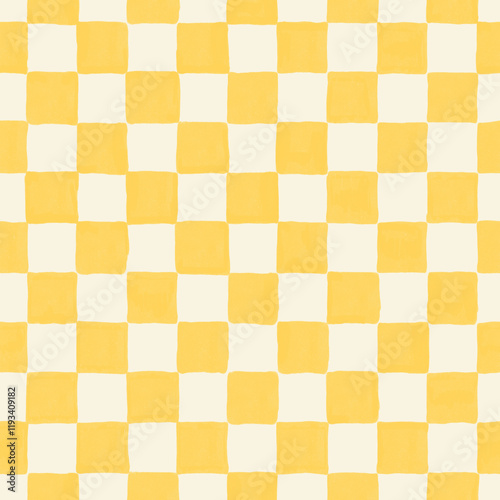 whimsical yellow and white checkers seamless pattern illustration with beige background	
