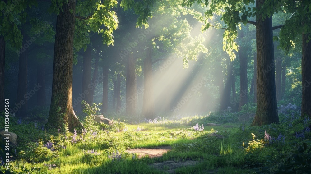 Obraz premium Serene Forest Landscape with Sunlight Filtering Through Trees