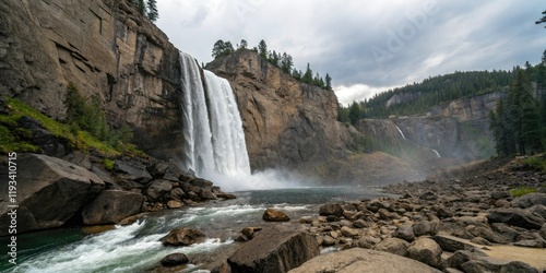 A stunning waterfall cascading down a rocky cliff, landscape, nature, scenic views, water feature