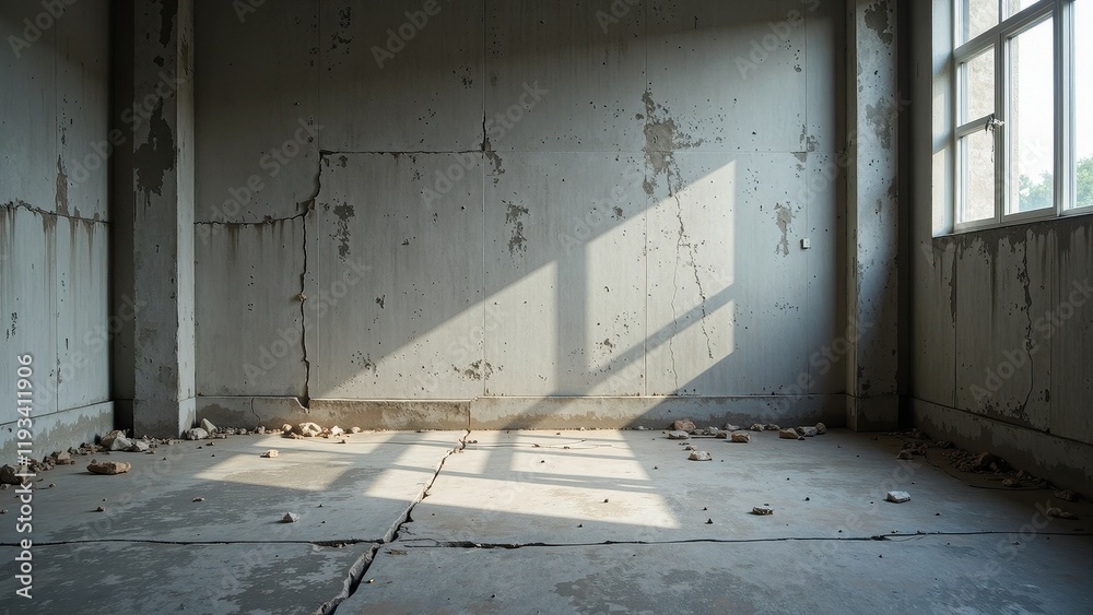 Cracked concrete wall with a striking fissure, complemented by a floor marked by vertical and horizontal fractures, adorned with scattered pebbles beneath
