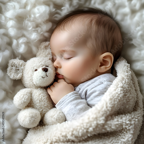 Sweet dreams! A peaceful baby soundly asleep, cuddled with a plush toy. Pure innocence and tranquility captured in this heartwarming image.