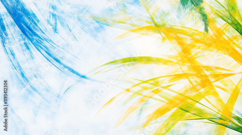 A vibrant abstract design featuring green blue and yellow plant leaves and paint strokes against white background, ideal for nature-themed projects.