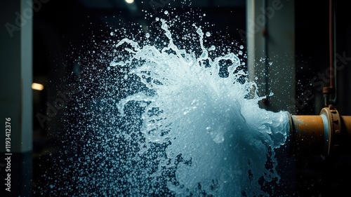 High-pressure water jet erupting from a pipe, creating a dramatic splash