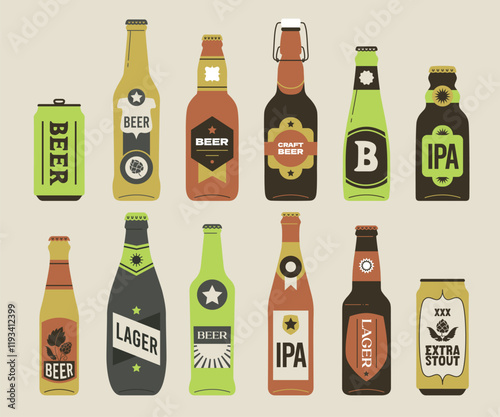 Beer Bottles And Tin Cans Illustration Set