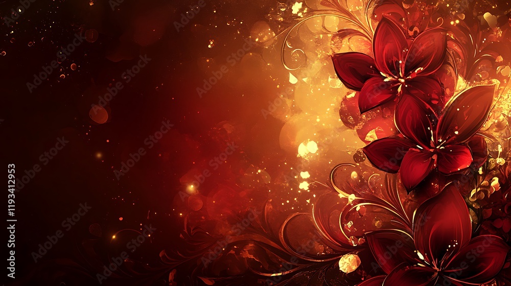 Red Flowers Golden Swirls Abstract Background Design Red Flowers Golden Swirls Abstract Background Design
