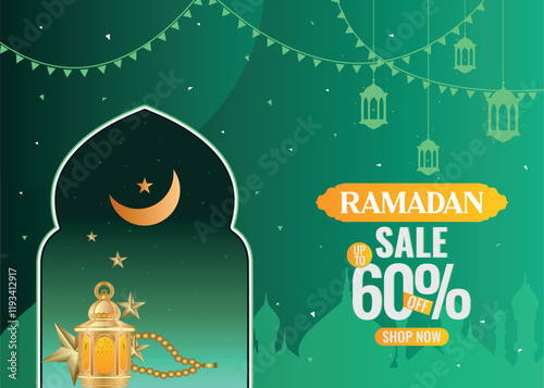 Stunning Ramadan sale banner with a 60 percent discount. Include Islamic lanterns, moon, stars, a mosque, and a beautiful Islamic background for business promotion.