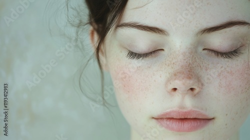 Close up of a young womans face with freckles and eyes closed