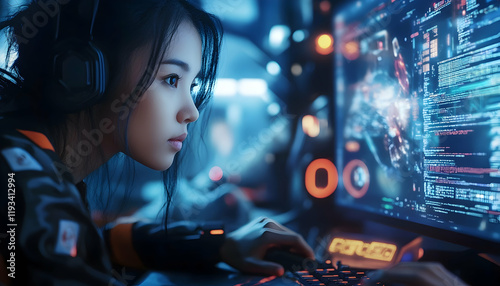 Closeup of an adult Asian male and female freelancer typing AI bot prompts, smart IT apps, and video game terminals with coding language on a user interface in a big data center desktop computer photo