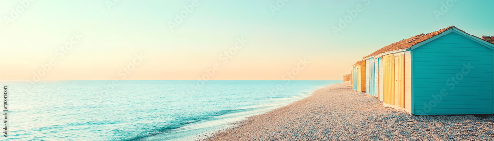 Scenic view of colorful beach huts by the serene coastline under a clear sky, ideal for coastal vacation imagery.