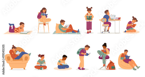 Different children reading paper books flat vector illustrations set isolated on white.