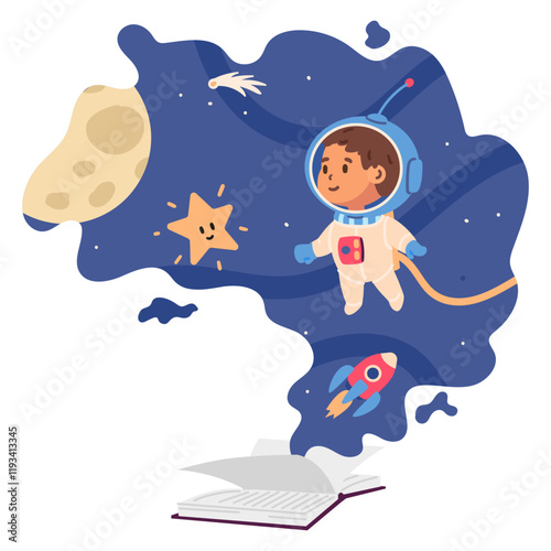 Children open book about space adventures with cute boy astronaut flat vector illustration isolated on white.