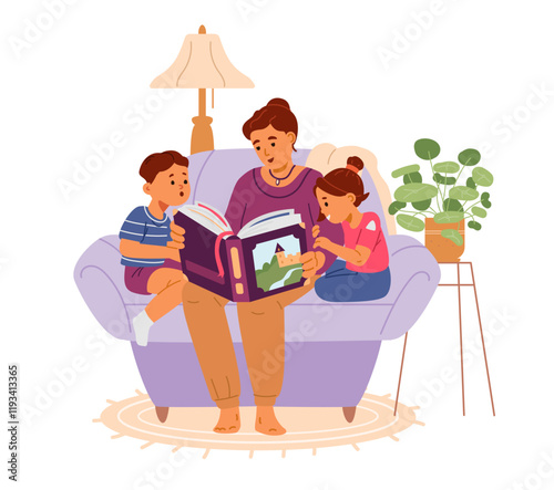 Mother reading fairy tale book to children flat vector illustration isolated on white. Family reading time.