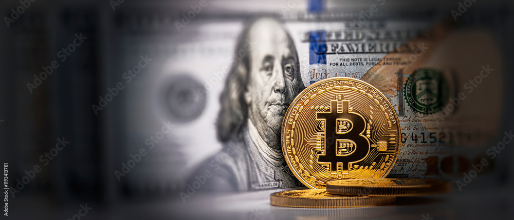 Bitcoin against dollar bills. Cryptocurrency - concept.