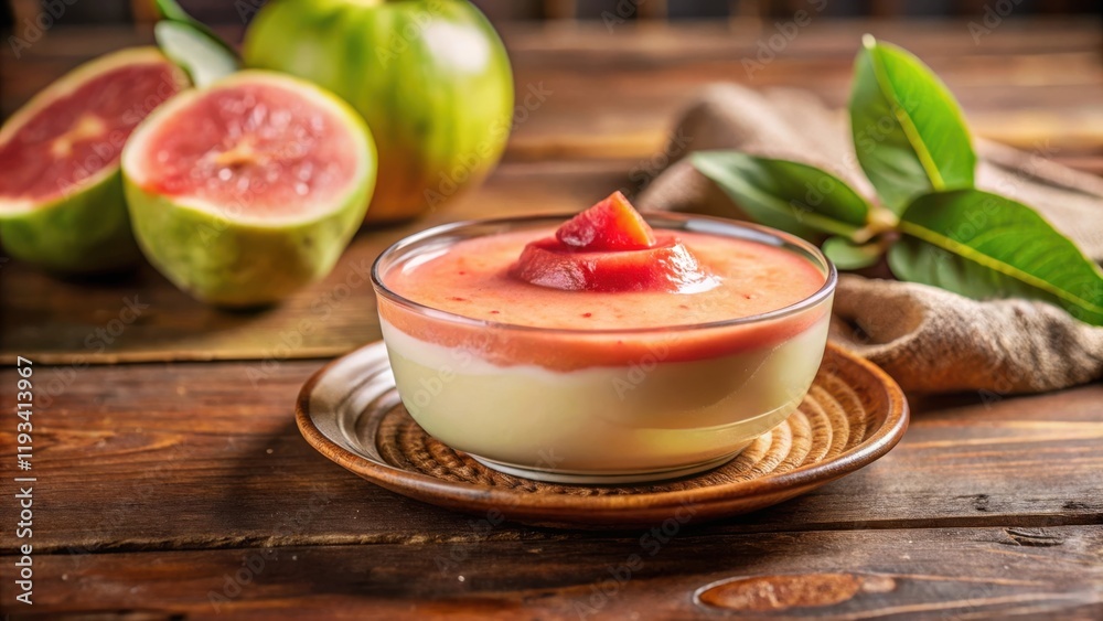 Layered dessert with pink fruit and creamy white base, served on a rustic wooden table with green leaves and a burlap napkin Layered dessert with pink fruit and creamy white base, served on a rustic wooden table with green leaves and a burlap napkin