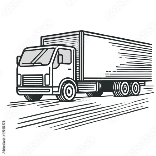 Fast moving shipping delivery truck icon in minimalistic black-and-white line art vector design