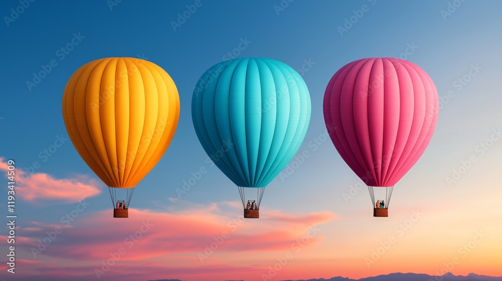 Fototapeta premium Three colorful hot air balloons ascending in a vibrant sunset sky.