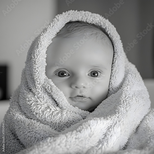 Adorable baby wrapped in a soft towel, gazing sweetly into the camera. A heartwarming black and white portrait.