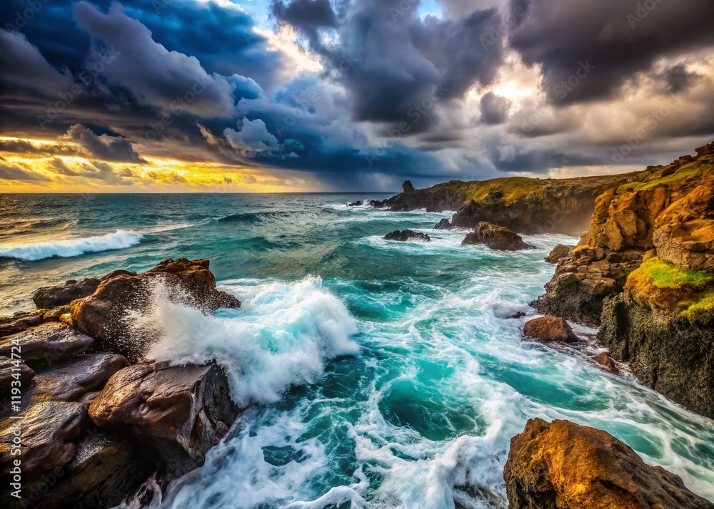 Obraz premium Dramatic Cloudy Day Seascape: Ocean Water Crashing on Rocky Coast