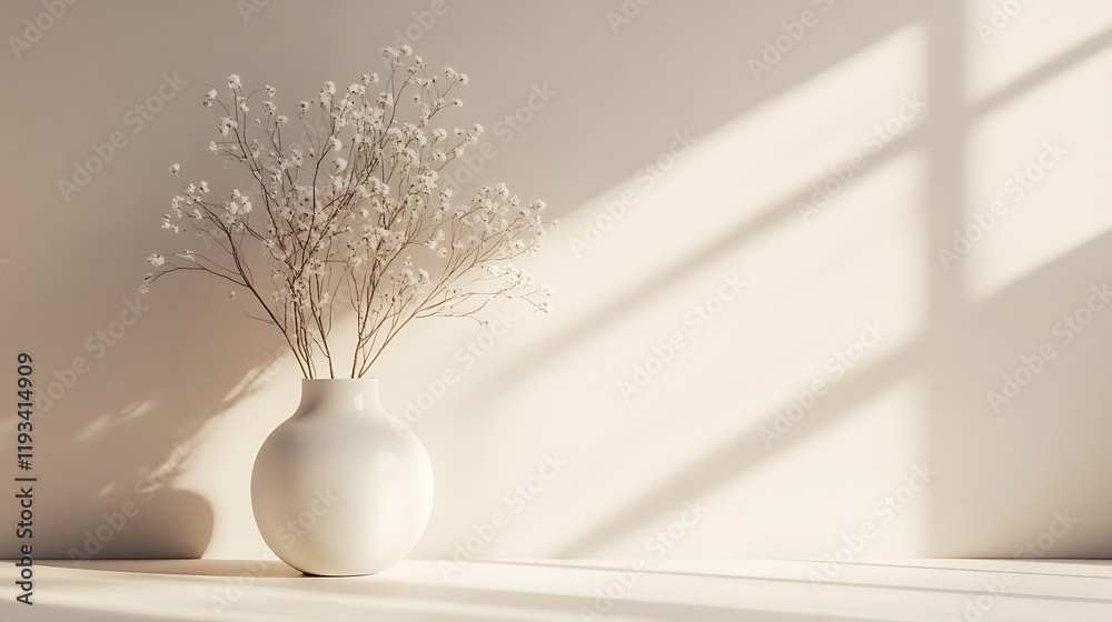 White flowers in a simple white vase against a beige wall White flowers in a simple white vase against a beige wall
