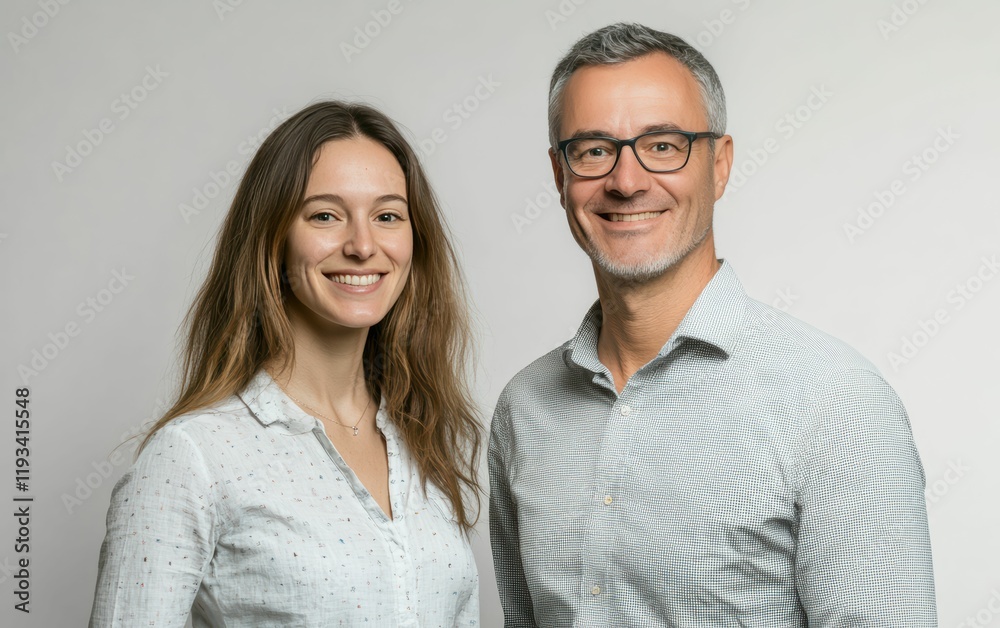 The man and woman casual attire business shirt and warm smiles highlight a simple yet strong business partnership standing together on white background. The man and woman casual attire business shirt and warm smiles highlight a simple yet strong business partnership standing together on white background.