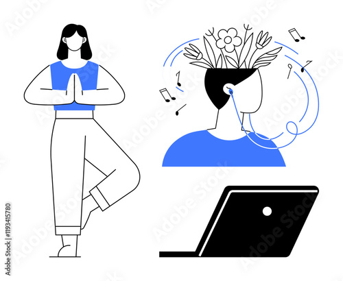 Person in yoga pose, head with flowers and earbuds, and laptop. Ideal for mindfulness, wellness, meditation, mental health, digital detox self-care tech-life balance. Blue and white abstract line