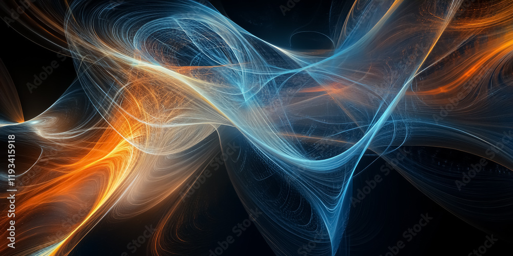 Obraz premium A vibrant abstract design with interconnected glowing nodes and lines forming a dynamic web, transitioning colors from blue to orange, high-tech and futuristic digital theme on a black background,