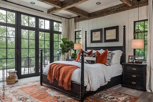 A luxury farmhouse-style bedroom displays rich black accents, combining rustic charm with contemporary flair to create a striking visual impact. photo