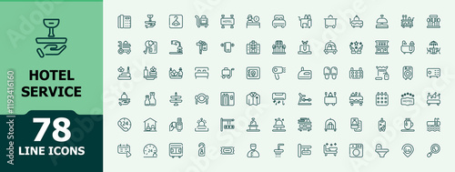 Hotel Service icon set. Containing booking, room service, bath, swimming and hotel, room, more. Perfect for logos and infographics. Editable minimal stroke. Vector illustration.