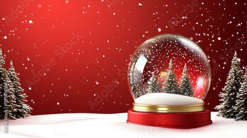 Empty snow globe on a snowy platform with fir trees. Red background with 3D transparent snow ball. Christmas podium. Holiday banner.