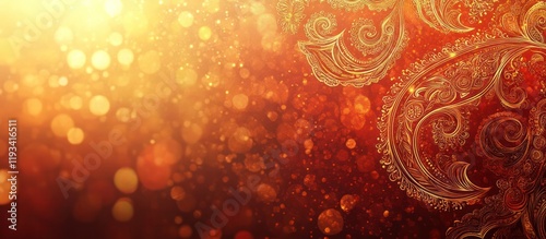 Vibrant golden swirling ornamental background with an intricate and elaborate filigree pattern  The design has a warm glowing and festive feel evoking a sense of holiday cheer