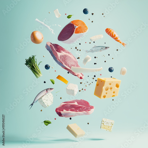 futuristic artfull looking food consisting of meat, cheese, tofu, milk, fish, seaweed and alternative proteins in the air on a light blue backround. photo