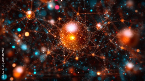 An artistic depiction of a digital web with interconnected particles and glowing pathways symbolizing relationships communication and fictional dependencies