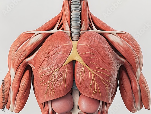 Highly detailed image of the thoracic cavity, focusing on muscles, lungs, and ribs with photorealistic textures