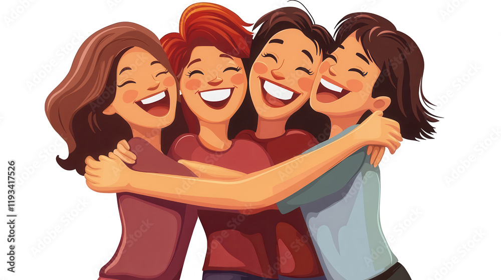 World Happiness Day-themed vector design of close friends laughing and hugging each other, celebrating friendship, isolated on white, PNG file World Happiness Day-themed vector design of close friends laughing and hugging each other, celebrating friendship, isolated on white, PNG file