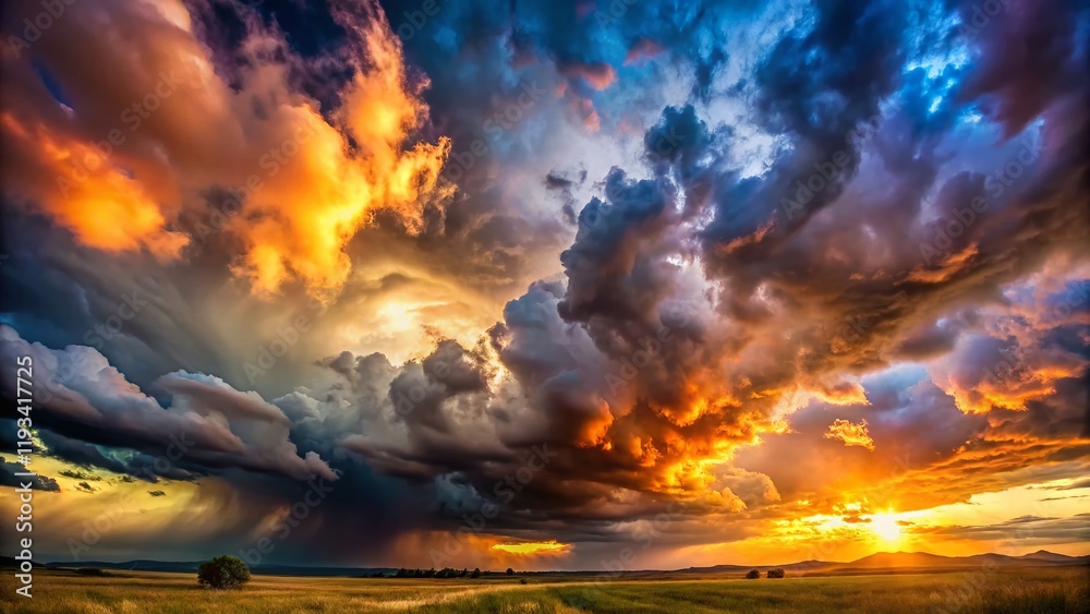 Fototapeta premium Dramatic Panoramic View of Stormy Cloudscape - Epic Sky with Dark Clouds and Light