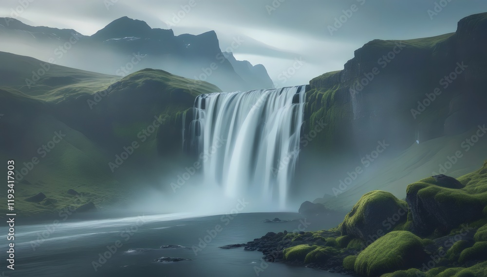 Naklejka premium Breathtaking Waterfall Cascading Down a Cliff into Serene River with Lush Green Landscape and Misty Mountains, Creating an Ethereal and Tranquil Atmosphere