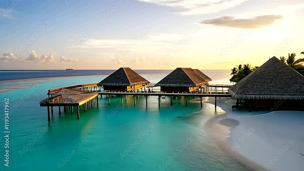 Aerial View of Maldives Luxurious Water Villas and Turquoise Ocean