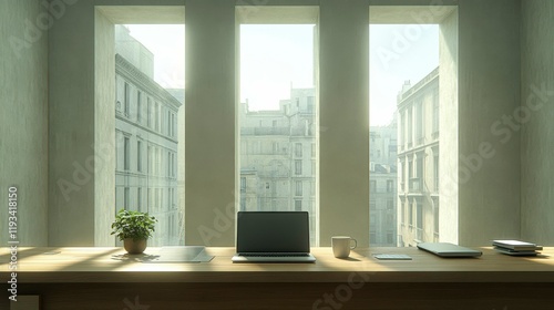 A minimalistic workspace with a sleek laptop coffee cup and plant on a wooden desk by a sunlit window ideal for productivity and remote work concepts photo