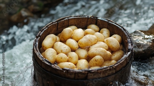 Fresh potatoes washed in clean natural water in a wooden barrel. photo