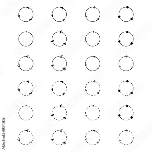 Circular Arrow Set Vector Illustration. Each row features variations of circular designs, including solid and dashed circles, arrows in different styles and directions.