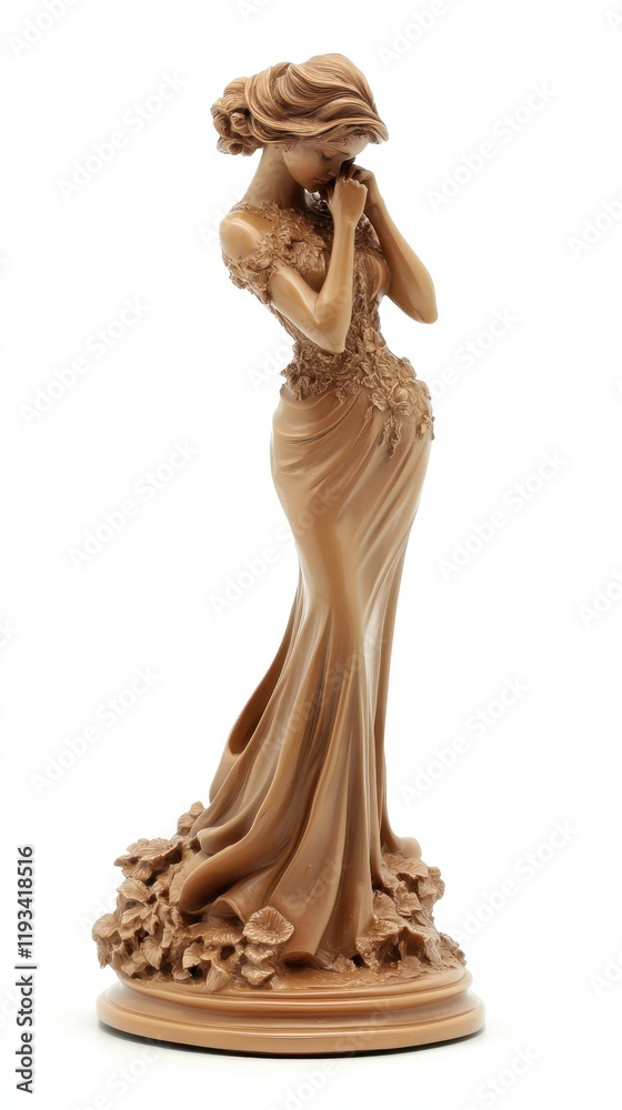 Naklejka premium A detailed close-up of a statue depicting a woman elegantly dressed, showcasing intricate features and artistry in its design.